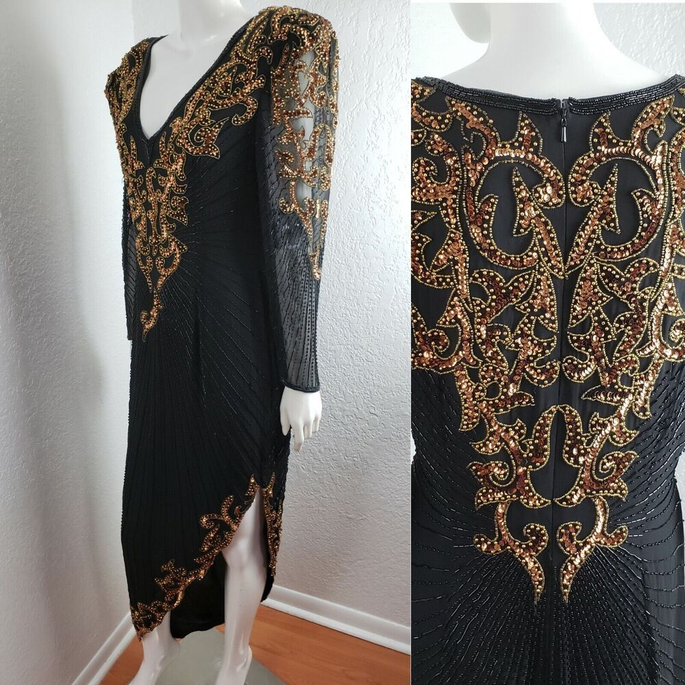 Lillie Rubin Black Gold Cocktail Dress Trophy Beaded Silk Dynasty Women's Sz 8